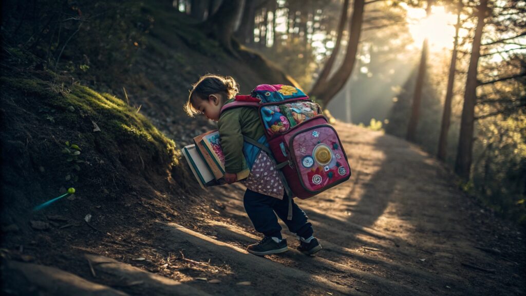 Ein kleines Mädchen kämpft mit der Last eines viel zu großen Rucksacks. Es kommt kaum den Berg herauf. Ersatzkinder neigen dazu, Schuld anzunehmen, die gar nicht ihre ist.