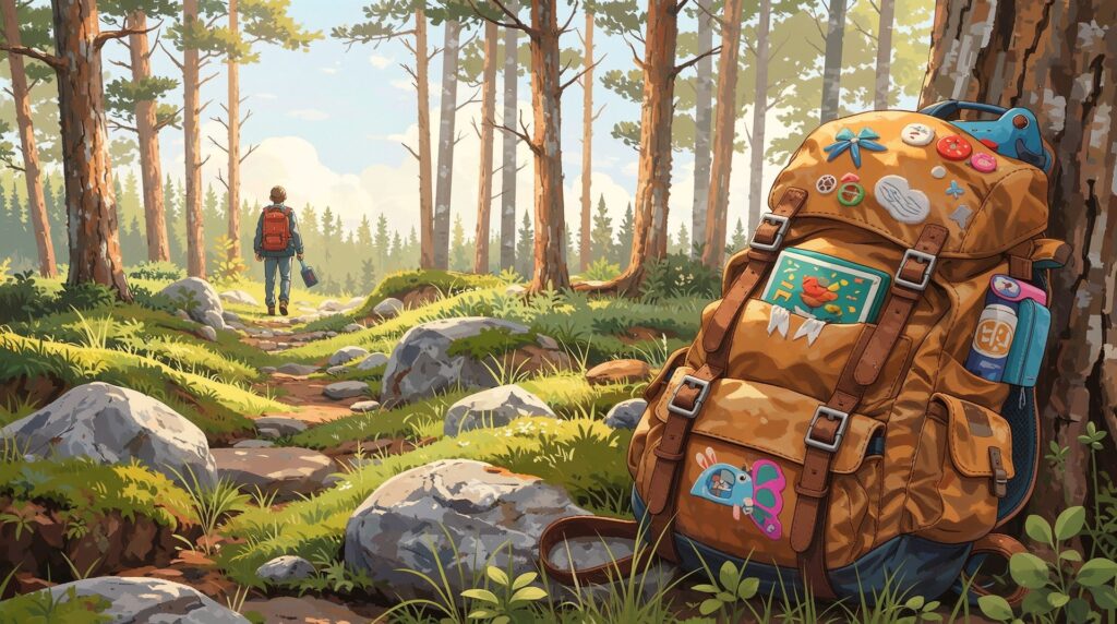 Ein Rucksack lehnt an einem Baum. Eine Silhouette von einem Erwachsenen, der nur mit kleinem Gepäck seinen Weg vom Betrachter weg geht. Schuldgefühle können wir auch als erwachsene Ersatzkinder hinter uns lassen, wenn wir uns bewusst machen, dass die vermeintliche Schuld nie unsere war.