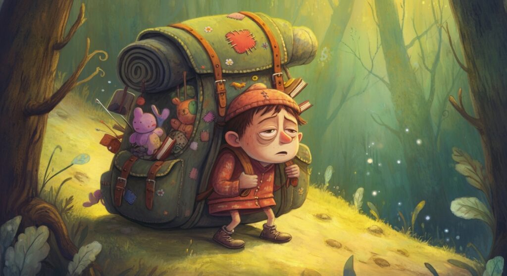 Ein kleiner Junge trägt einen viel zu schweren Rucksack mit Büchern und Spielzeug einen Berg hinauf, müde und traurig. Schuldgefühle plagen besonders Ersatzkinder und machen sie anfällig für eine Manipulation mit Schuld.