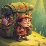 Ein kleiner Junge trägt einen viel zu schweren Rucksack mit Büchern und Spielzeug einen Berg hinauf, müde und traurig. Schuldgefühle plagen besonders Ersatzkinder und machen sie anfällig für eine Manipulation mit Schuld.