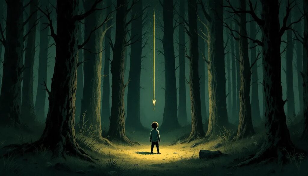 Ein kleiner Junge im Comic-Stil auf einer nächtlichen Waldlichtung allein. Ein Damoklesschwer über ihm. So setzen Schuldgefühle an unserer wertvollsten Stelle an: Unserem Herz und unserer Menschlichkeit.