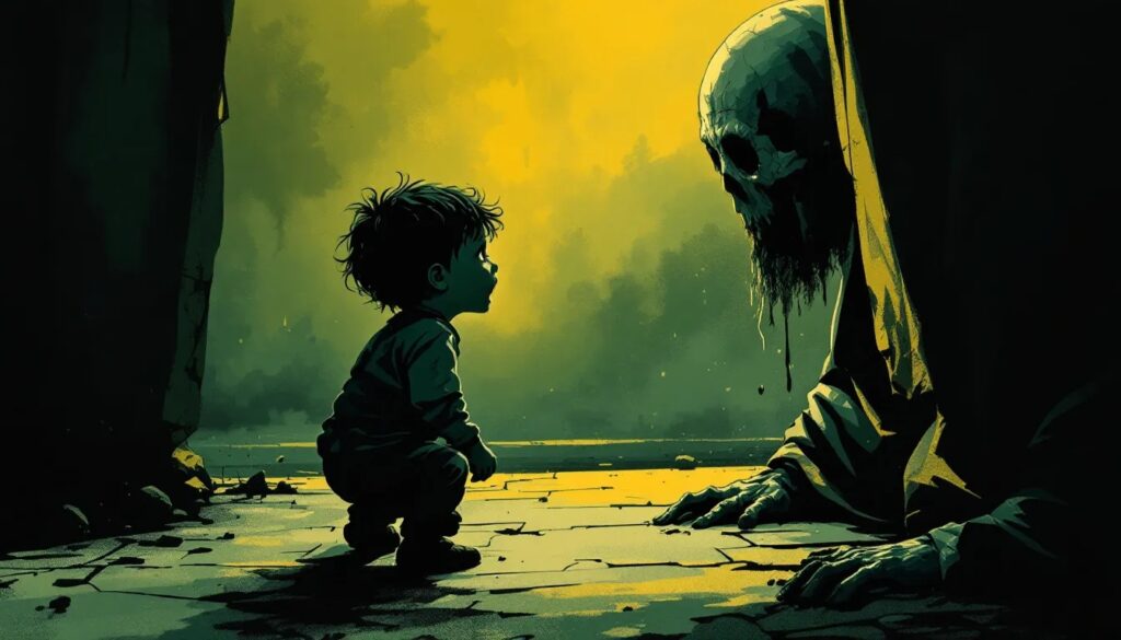 Ein kleiner Junge im Comic-Stil steht einem Monster. Das Monster ist auf Augenhöhe, aber es ist immer noch ein Monster. Auch im Erwachsenenalter fühlen wir oft noch die Schuldgefühle, mit denen wir als Kind manipuliert wurden.