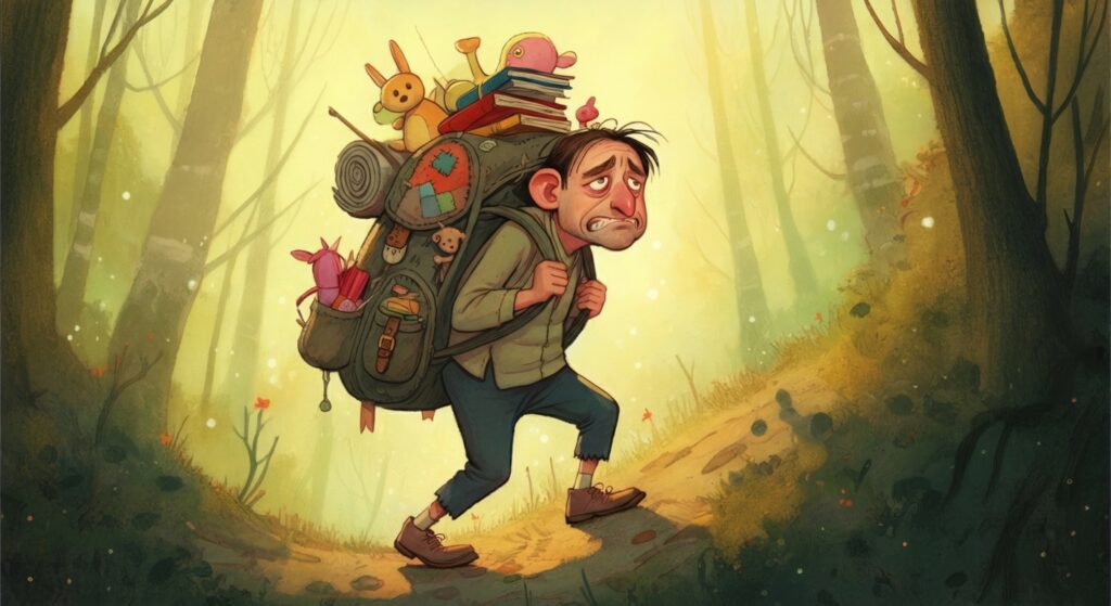 Ein erschöpfter Mann versucht, den großen Rucksack, den er als Kind getragen hat, weiter einen Berg hinaufzuschleppen. Die Schuldgefühle der Kindheit machen auch erwachsene Ersatzkinder immer noch anfällig für die Manipulation mit Schuld.