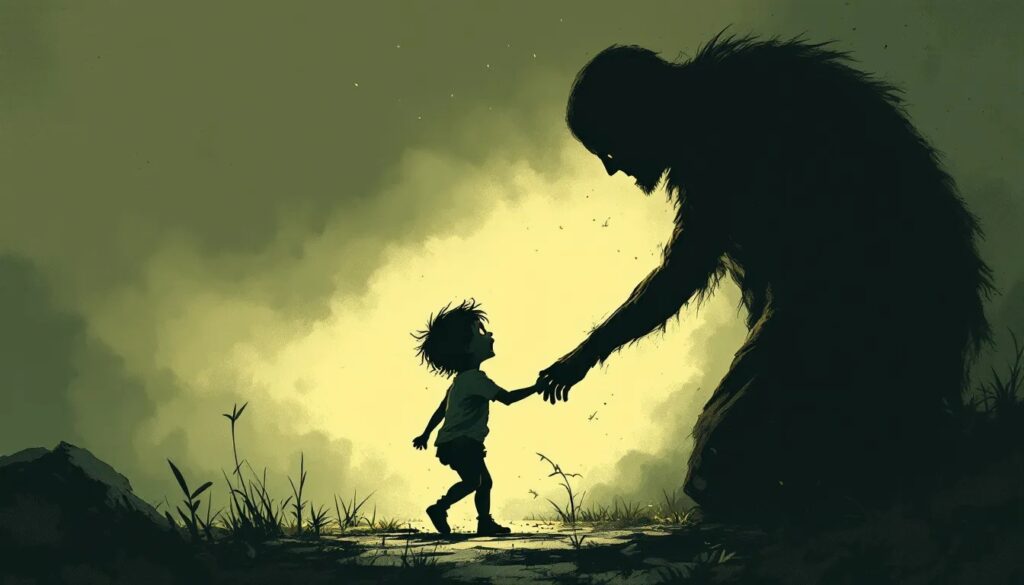 Ein kleiner Junge im Comic-Stil. Seine Silhuette vor gespenstisch leuchtendem Hintergrund greift die Hand eines riesigen Monsters. So können auch im Erwachsenenalter noch alte Ängste so verletzlich machen, dass wir manipulierbar sind.