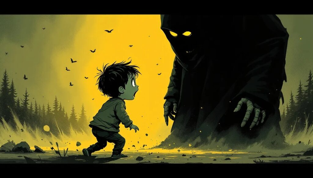 Ein kleiner Junge im Comic-Stil steht vor einer dunklen riesigen Figur mit grellen Augen. So fühlt es sich für ein Ersatzkind an, wenn es nichts richtig machen kann und ihm ständig Schuldgefühle gemacht werden.