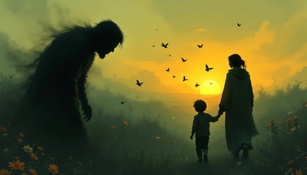 Die Silhouette von einem kleinen Jungen im Comic-Stil an der Hand einer Frauenfigur geht in den Sonnenuntergang und lässt das Monster hinter sich. Vögel am Horizont. Wir sind erwachsen und können nun das kleine verängstigte Kind an die Hand nehmen und für uns selbst sorgen.