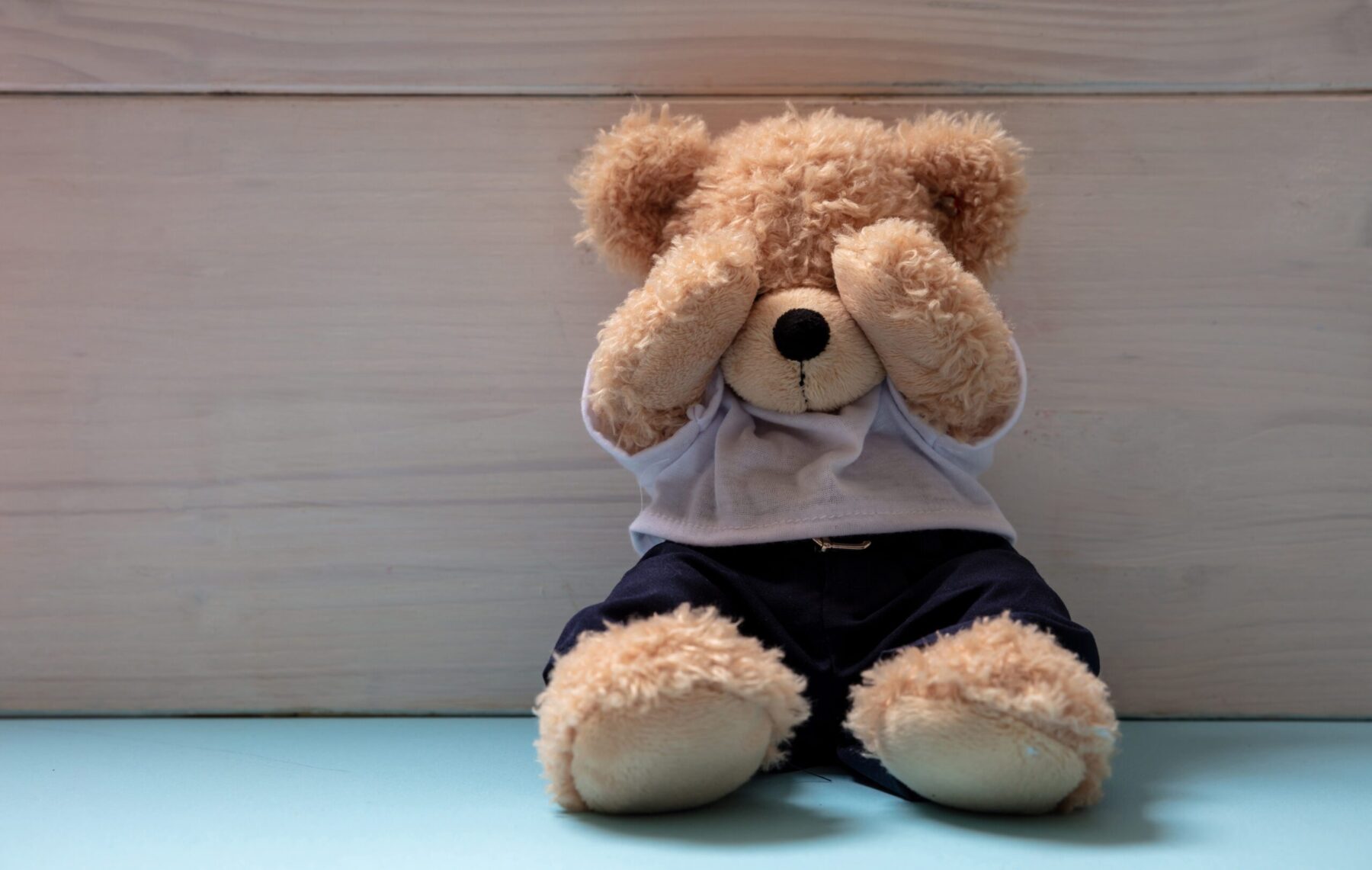 Ein Teddy sitzt auf dem Boden und hält sich die Augen zu. Ersatzkinder möchten der übernommenen Schuld und den damit einhergehenden Schuldgefühlen entfliehen, schaffen es jedoch nicht, da sie verinnerlicht sind. Oft wird aus dem Schuldgefühl der Eindruck, nicht richtig zu sein als Mensch - ein Gefühl von Scham.