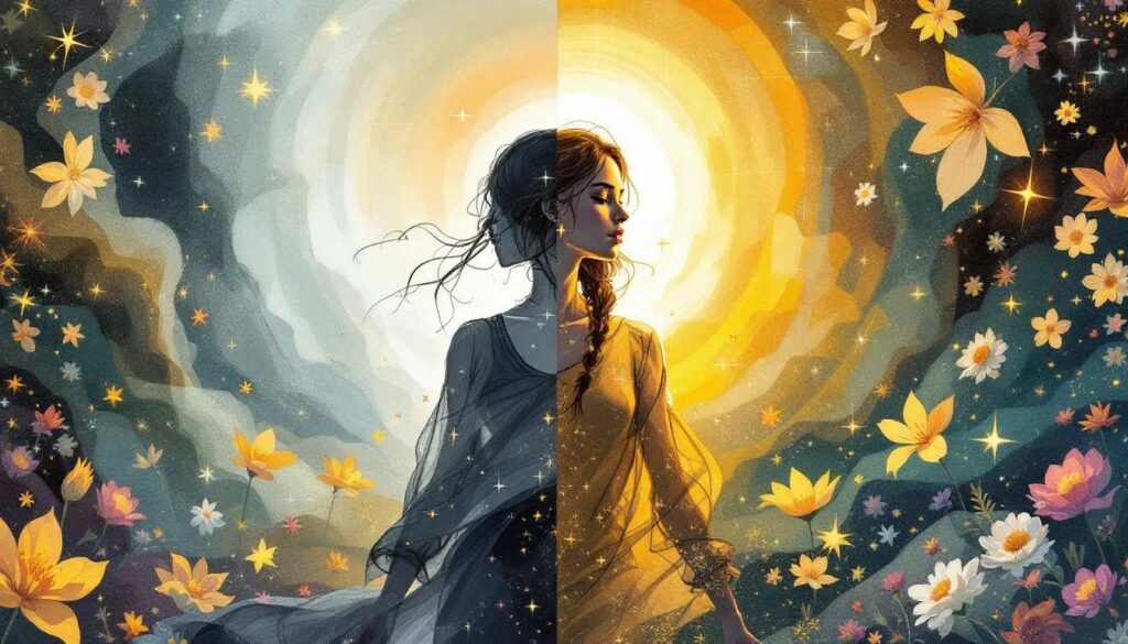 Dieselbe Frau, die zwischen zwei symbolischen Welten wandelt: links kalt und grau (geisterhafte Silhouette eines verlorenen Geschwisters), rechts warm und golden. Ihr Körper ist zwischen den beiden Lichtern gespalten. Integrität und Individuation bedeutet für ein Ersatzkind eine schmerzhafte Trennung von der Ursprungsfamilie, die um so schwerer ist, als dass die Loyalität oft als existenziell erlebt wird.