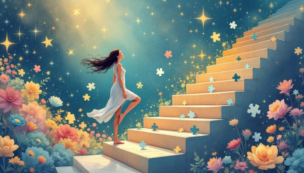 Die Frau steigt eine sanfte Treppe aus Puzzleteilen hinauf; einige Teile schweben hinter ihr, andere fallen unter ihren Füßen an ihren Platz. Warmes Licht von oben, heiterer Ausdruck. Die Entwicklung der Integrität erfolgt schrittweise, auf einem Weg. Das Leben verbessert sich währenddessen.