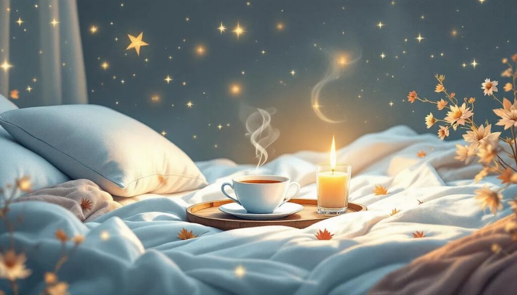Eine nächtliche Szene mit warmem Getränk auf einem Tablett auf dem Bett mit brennender Kerze. Der Adventskalender für Menschen mit Geschichten auf sinn-und-werte.com unterstützt die Individuation und Integration in kleinen Schritten.