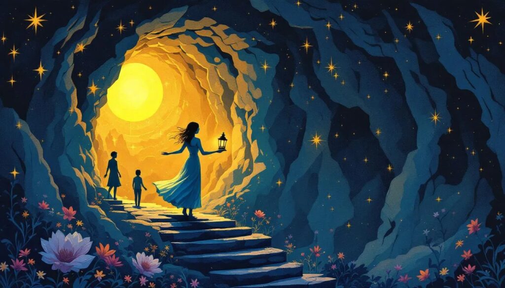 Die Frau steigt in eine schwach beleuchtete Höhle hinab, in der Hand eine kleine Laterne, die in der Dunkelheit verborgene Figuren und Formen beleuchtet. Kontrast von goldenem Licht und blauen Schatten. Die Suche nach dem, was bleibt und trägt, ist ein universeller Wunsch aller Menschen über Religionen und Weltanschauungen hinweg.