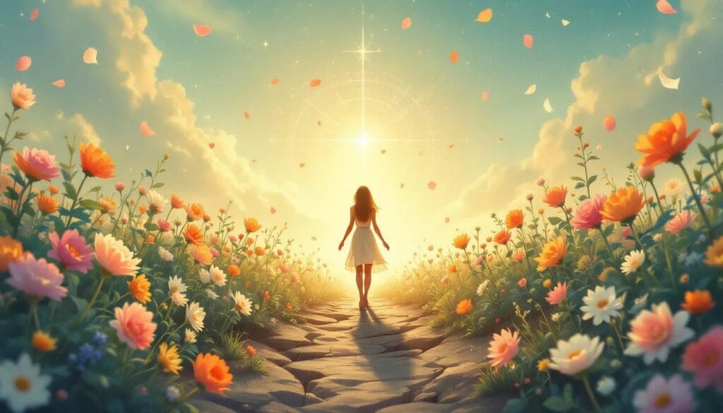Die Frau steht in einer blühenden Landschaft - Blumen, die aus Rissen im Boden sprießen, warmes Sonnenlicht, Symbol für Wiedergeburt und Integration. Dieser Weg zur Integrität steht auch Ersatzkindern offen.